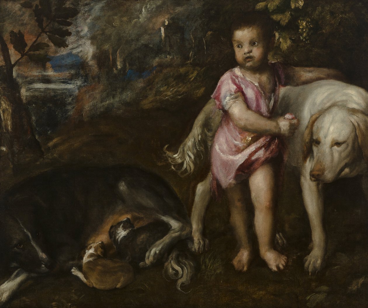 Jongen met honden in een landschap door Tiziano Vecelli