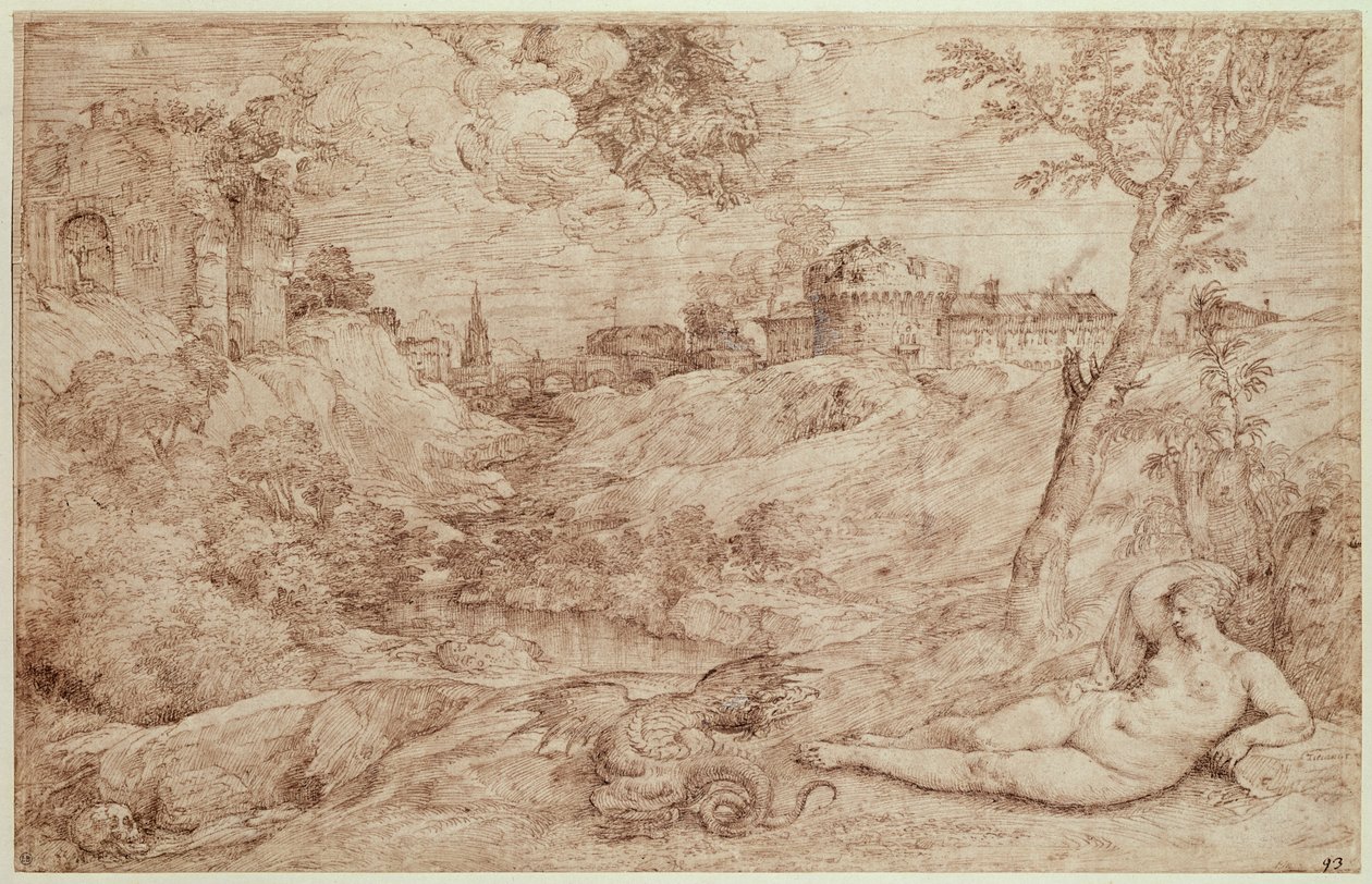 Landschap met een draak en een slapende naakte vrouw door Tiziano Vecelli