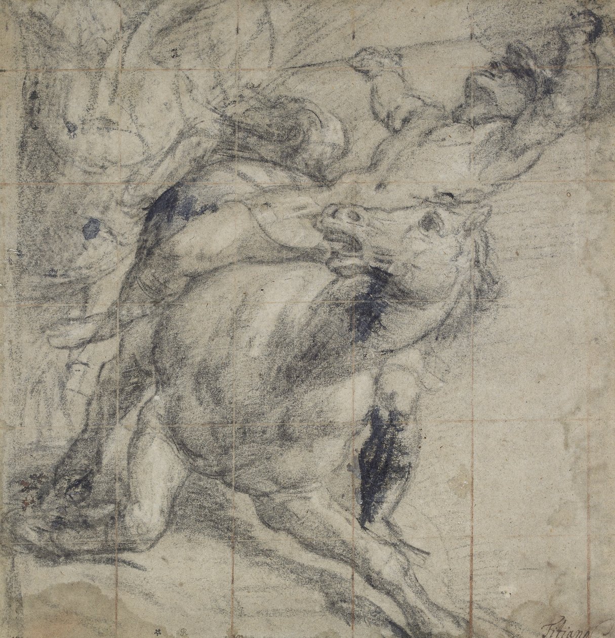Paard en ruiter vallen, c. 1537 door Tiziano Vecelli