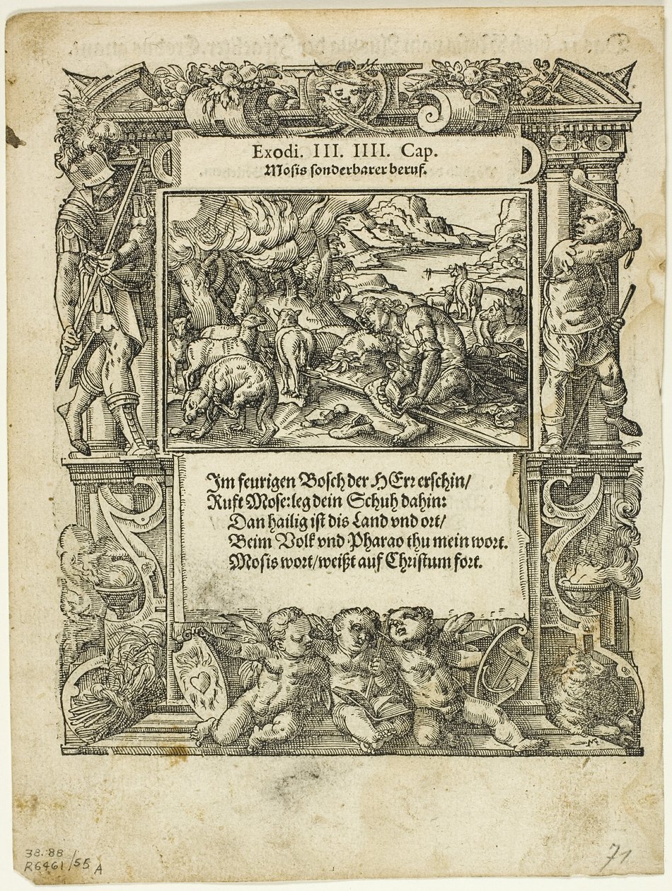 Mozes en de brandende braamstruik (recto) en De baby Mozes in de rivier gelegd (verso) uit Neue künstliche Figuren biblischer Historien, plaat 55 uit Houtsneden uit boeken van de XVI eeuw door Tobias Stimmer