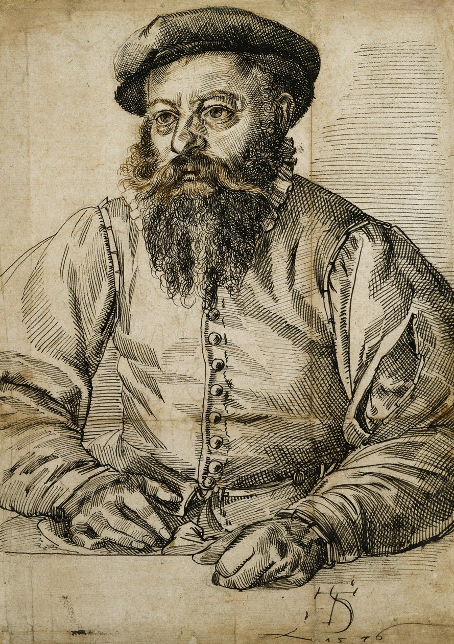 Portret van een Bebaarde Man, Halflang, Zittend aan een Tafel door Tobias Stimmer