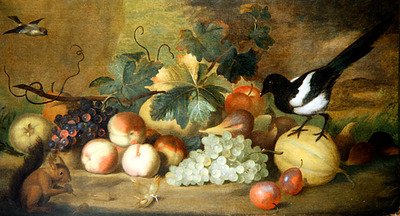 Een stilleven van fruit met een ekster en een rode eekhoorn door Tobias Stranover
