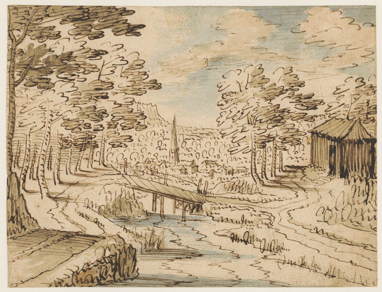 Landschap met brug door Tobias Verhaecht (circle of)