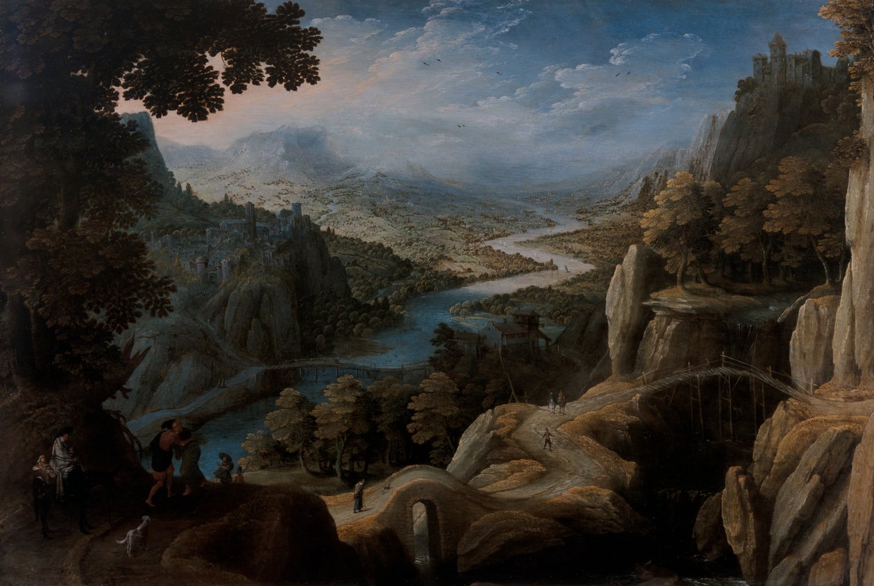 Een uitgestrekt bergachtig rivierlandschap met de verzoening van Jacob en Laban, een versterkte stad op een klif daarachter door Tobias Verhaecht