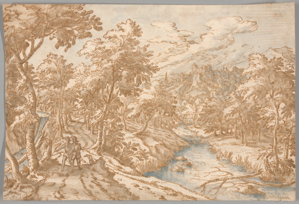 Landschap met twee mannen die wandelen door Tobias Verhaecht