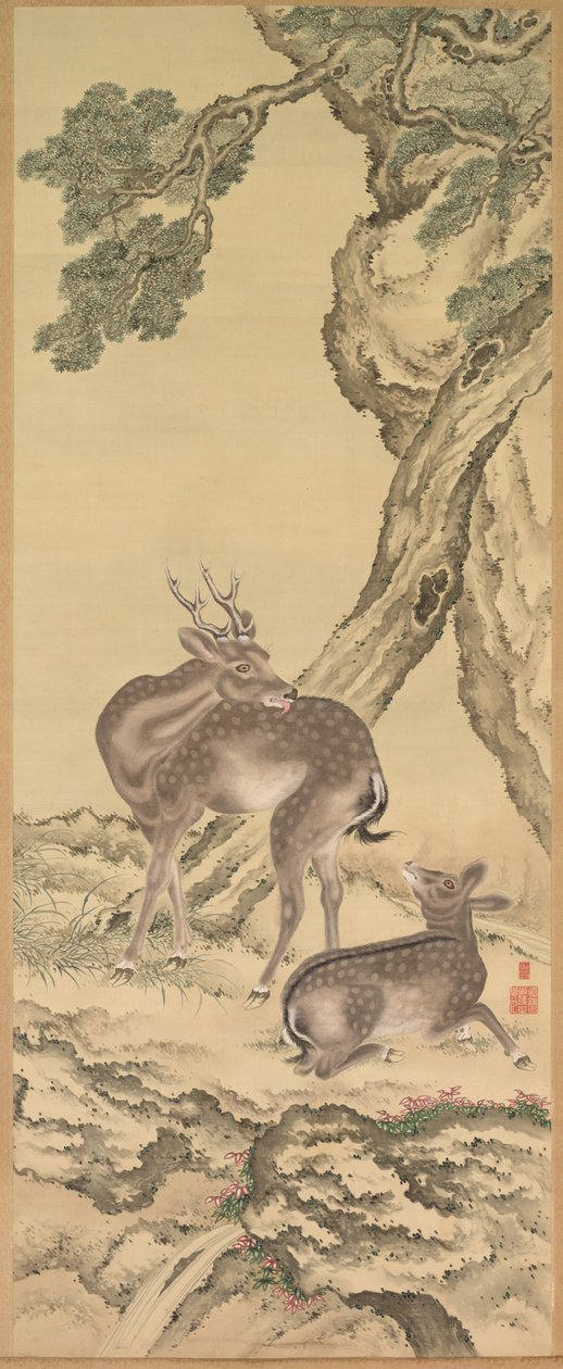 Symbolen van lang leven: Herten onder perzik en den (perzik) (links) door Toda Tadanaka