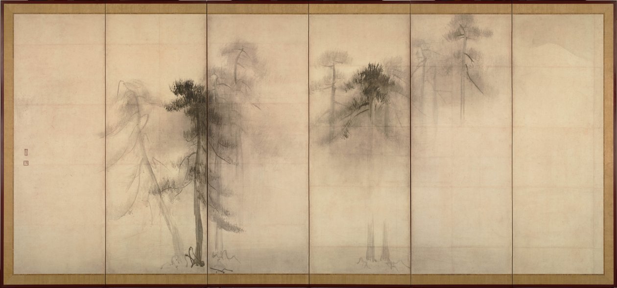 Pijnbomen Links van een paar zesdelige vouwschermen, 16e eeuw door Hasegawa Tohaku
