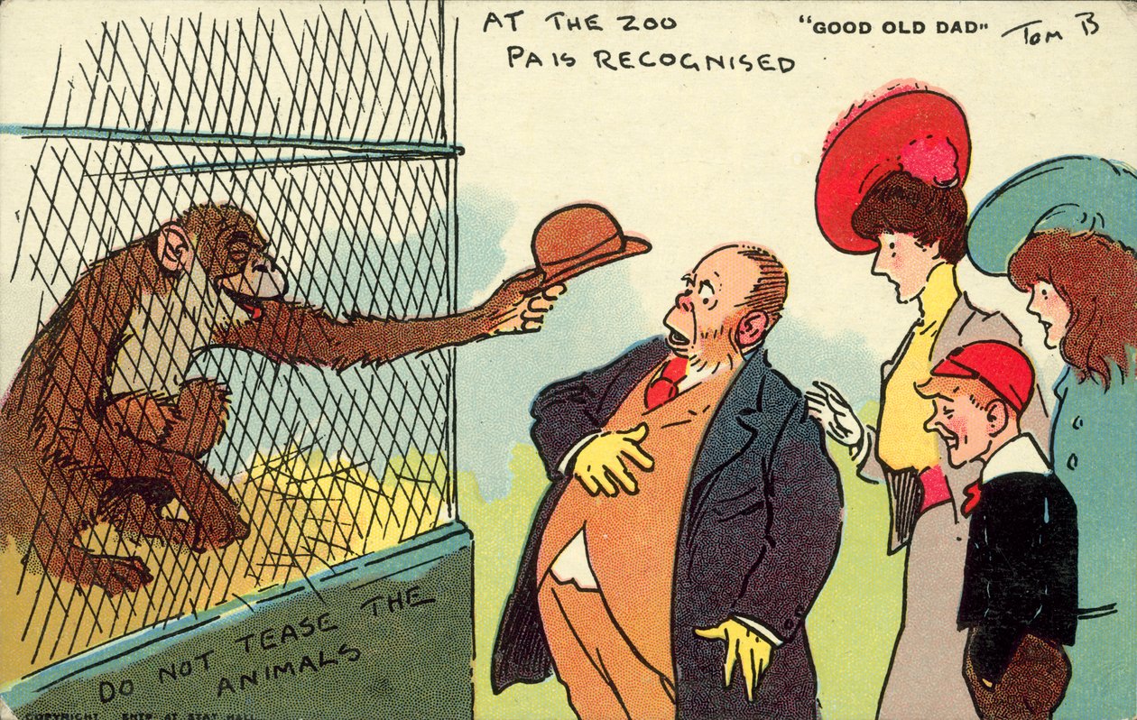 In de dierentuin wordt Pa herkend, Good Old Dad (kleurenlitho) door Tom Browne