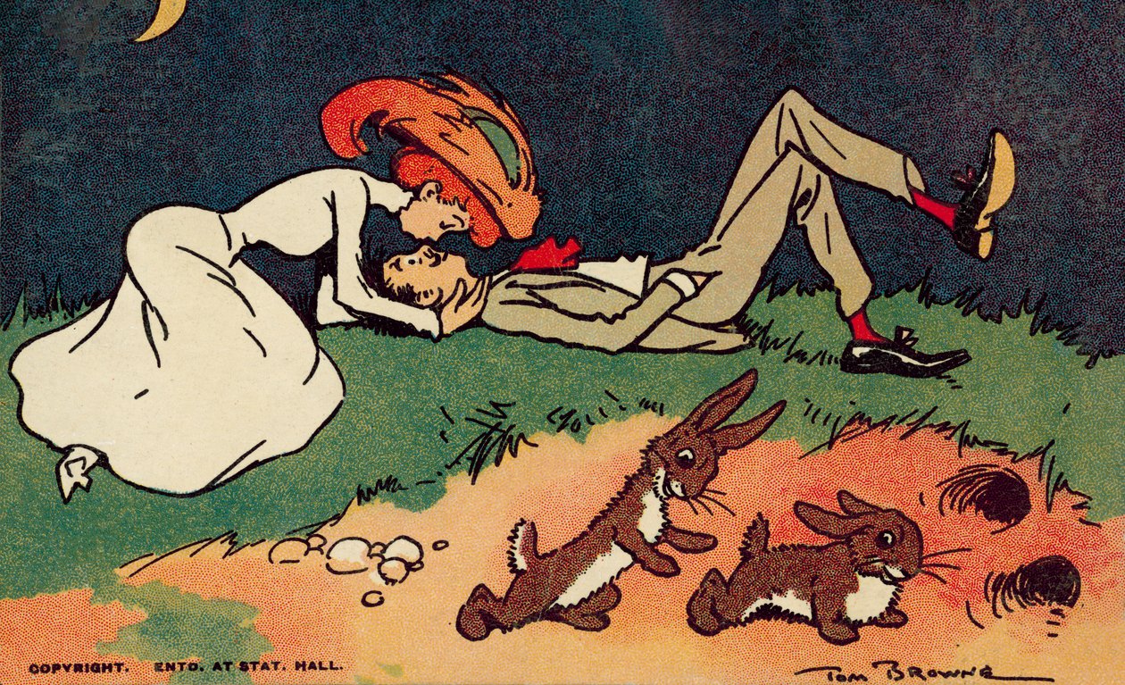 Kussend paar (kleurenlitho) door Tom Browne