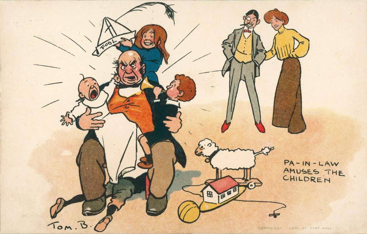 Grootvader zorgt voor de kinderen (kleurenlitho) door Tom Browne