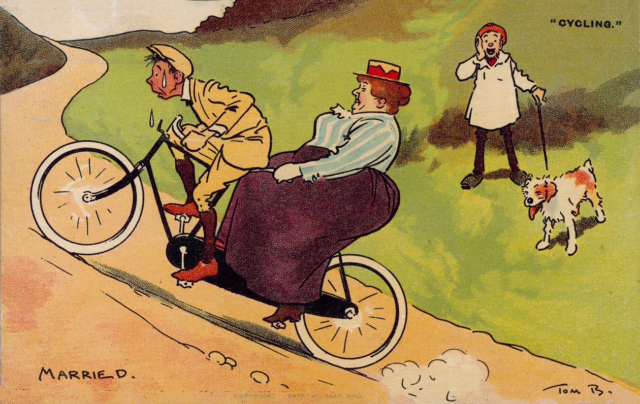 Man en vrouw op een tandem (kleurenlitho) door Tom Browne