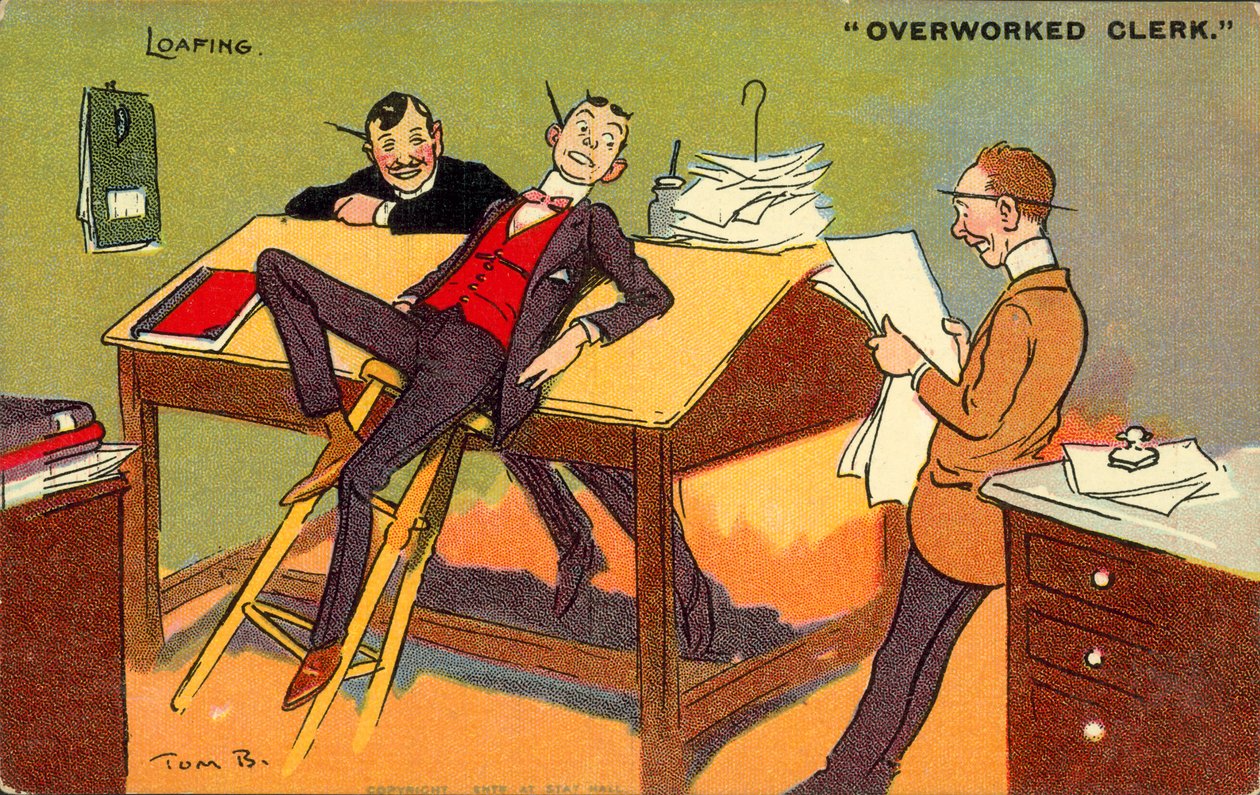 Lummelende, overwerkte klerk (kleurenlitho) door Tom Browne