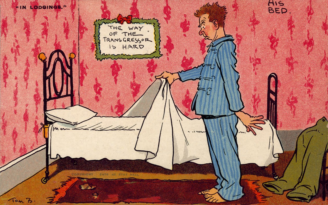 Man overdenkt zijn oncomfortabele eenpersoonsbed (kleurenlitho) door Tom Browne