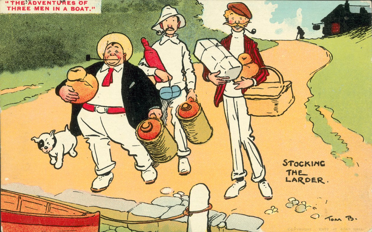 Drie mannen in een boot (kleurenlitho) door Tom Browne