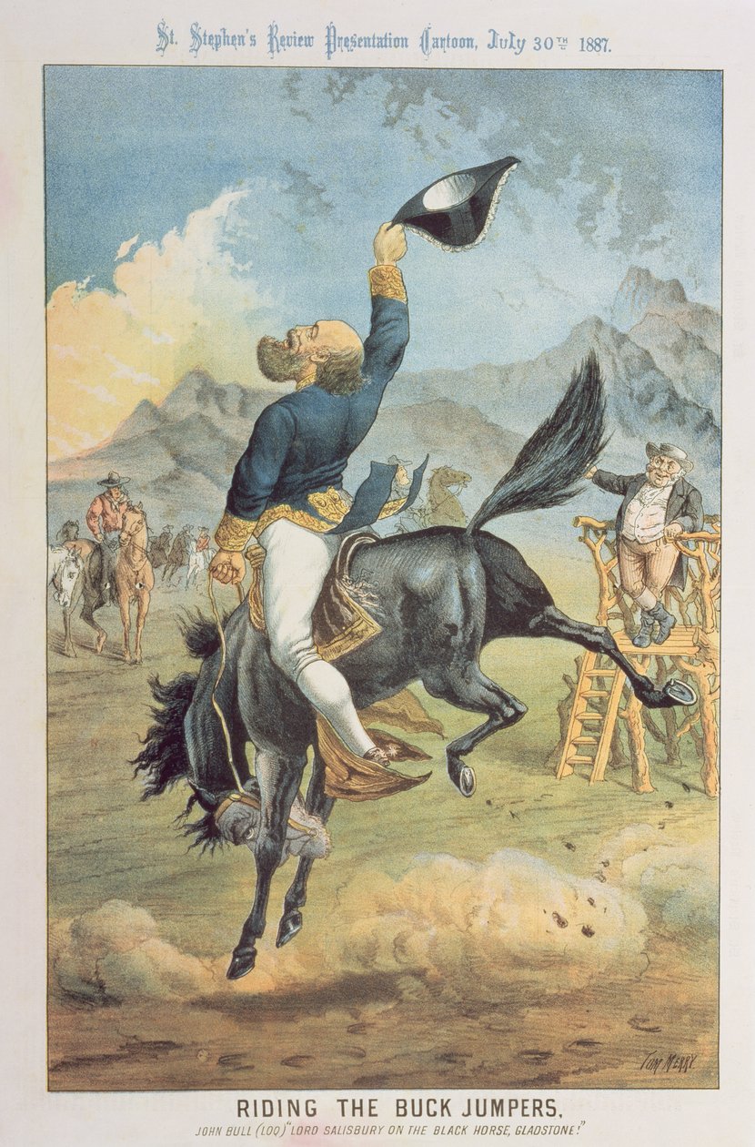 Rijden op de Buck Jumpers, Lord Salisbury op het zwarte paard, Gladstone, uit 