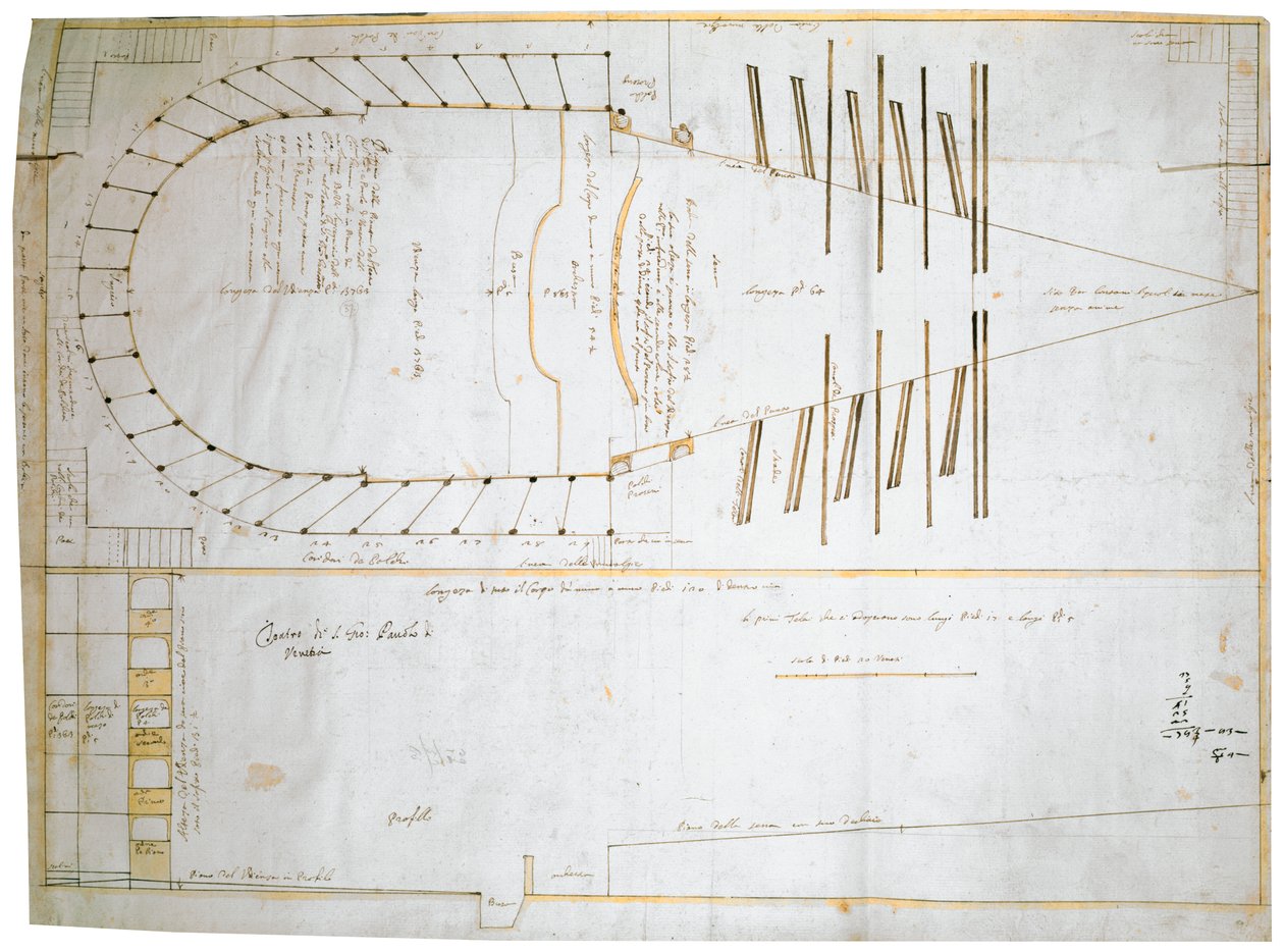 Plattegrond voor het Teatro Santi Giovanni e Paolo in Venetië, ontworpen door Carlo Fontana, 1654 door Tomaso Bezzi
