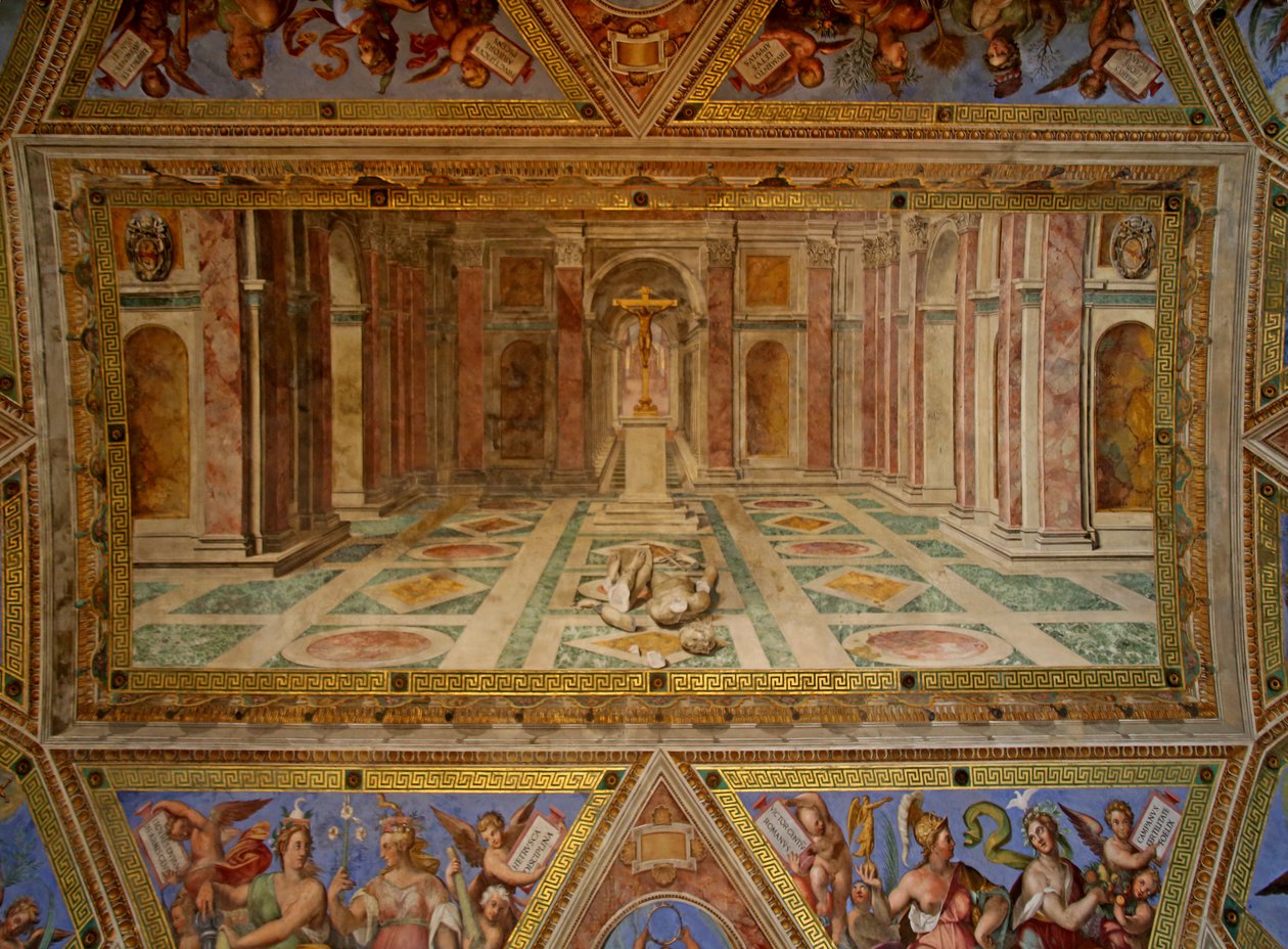 Het plafond van de Constantijn Kamer: de Val van de afgoden en de triomf van het Christendom, 1582 door Tommaso Laureti