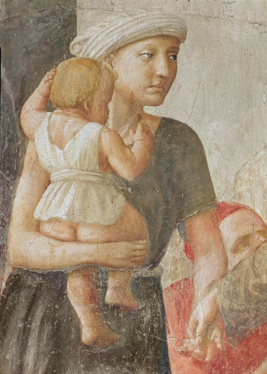 Detail van de vrouw en kind, uit St. Peter en St. Paul die aalmoezen uitdelen, ca.1427 (detail) door Tommaso Masaccio