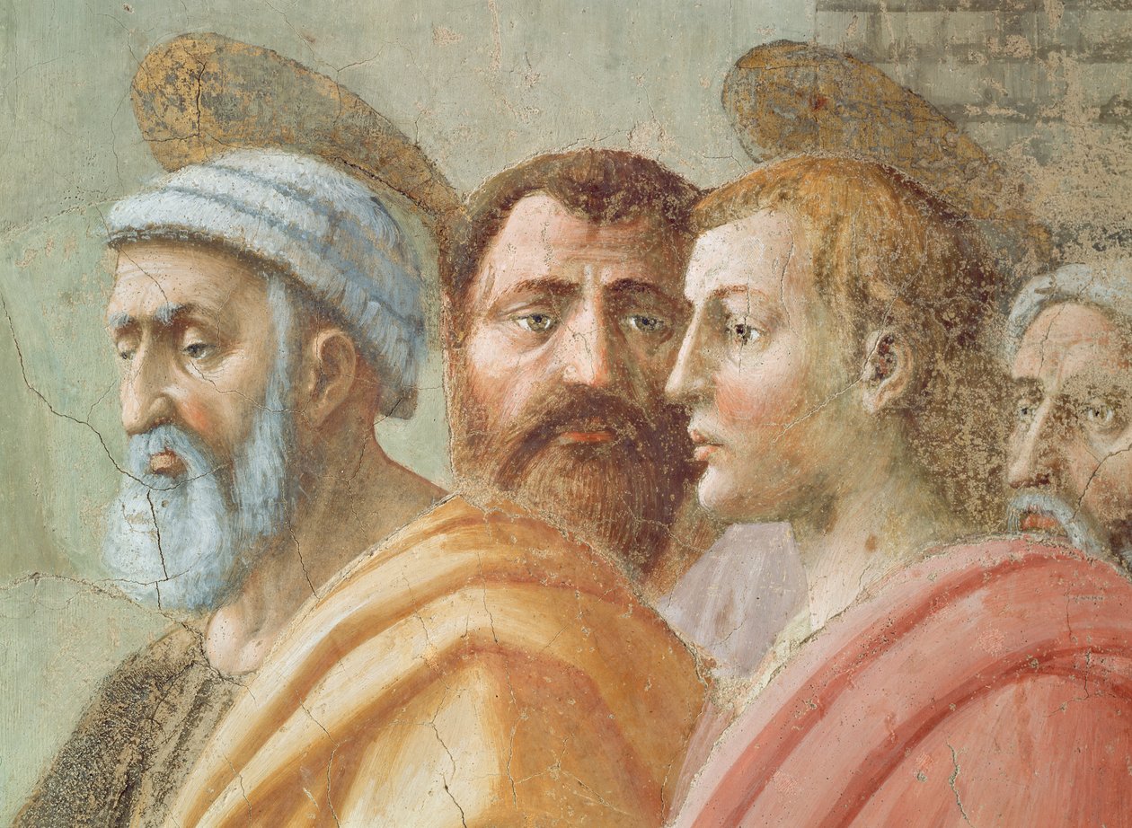 St. Peter verdeelt de gemeenschappelijke goederen van de kerk, en de dood van Ananias: detail van gezichten, inclusief St. Peter door Tommaso Masaccio