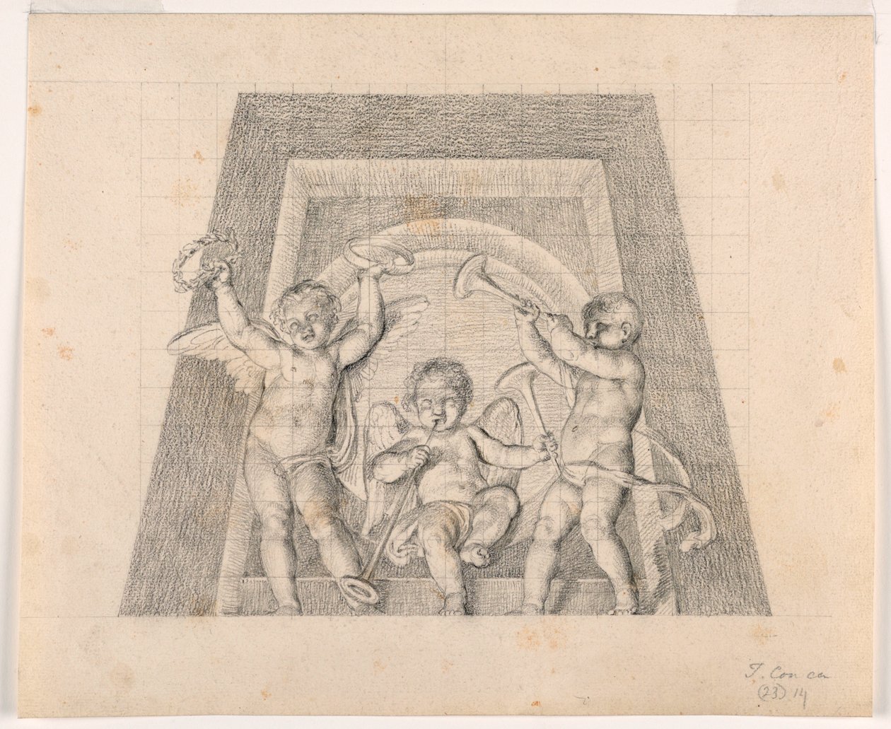 Drie putti met trompetten, ontwerp voor lunet van de Sala delle Muse, Museo Pio-Clementino, Vaticaan door Tommaso Maria Conca