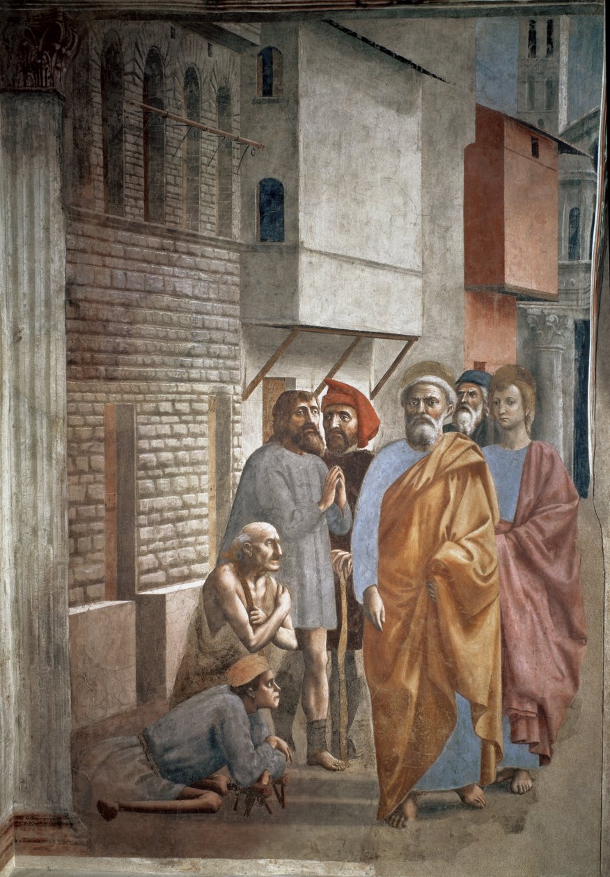 Sint-Pieter geneest de zieken met zijn schaduw - Fresco door Tommaso di ser Giovanni di Mone Cassai genaamd Masaccio (1401-1428) door Tommaso Masaccio