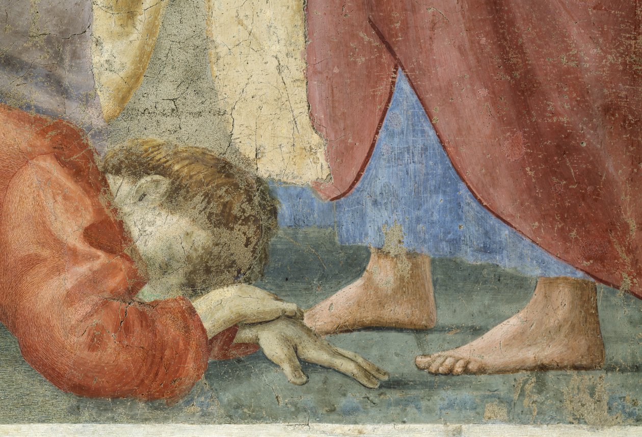St. Peter verdeelt de gemeenschappelijke goederen van de kerk, en de dood van Ananias, detail van Ananias, dood aan de voeten van St. Peter door Tommaso Masaccio