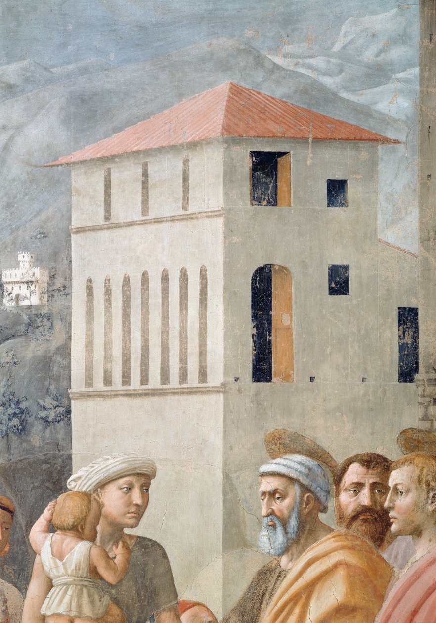 St. Peter verdeelt de gemeenschappelijke goederen van de kerk, en de dood van Ananias, detail van de achtergrondarchitectuur door Tommaso Masaccio
