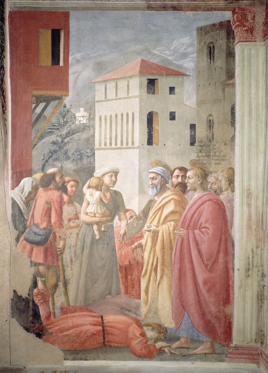 St. Petrus Verdeelt de Gemeenschappelijke Goederen van de Kerk en de Dood van Ananias, ca. 1427 door Tommaso Masaccio