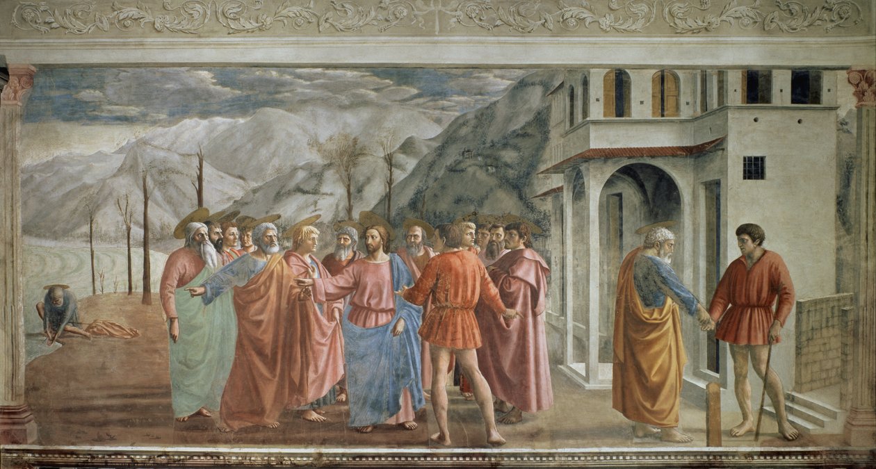 Tribuutgeld - Le paiment du tribut (Il tributo) - Fresco door Tommaso di ser Giovanni di Mone Cassai genaamd Masaccio (1401-1428), 254,5x598,3 cm door Tommaso Masaccio