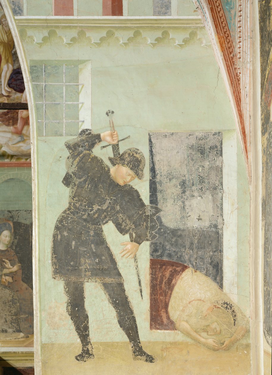 Levenscyclus van St. Johannes de Doper: Soldaat op het punt Johannes de Doper te onthoofden door Tommaso Masolino da Panicale
