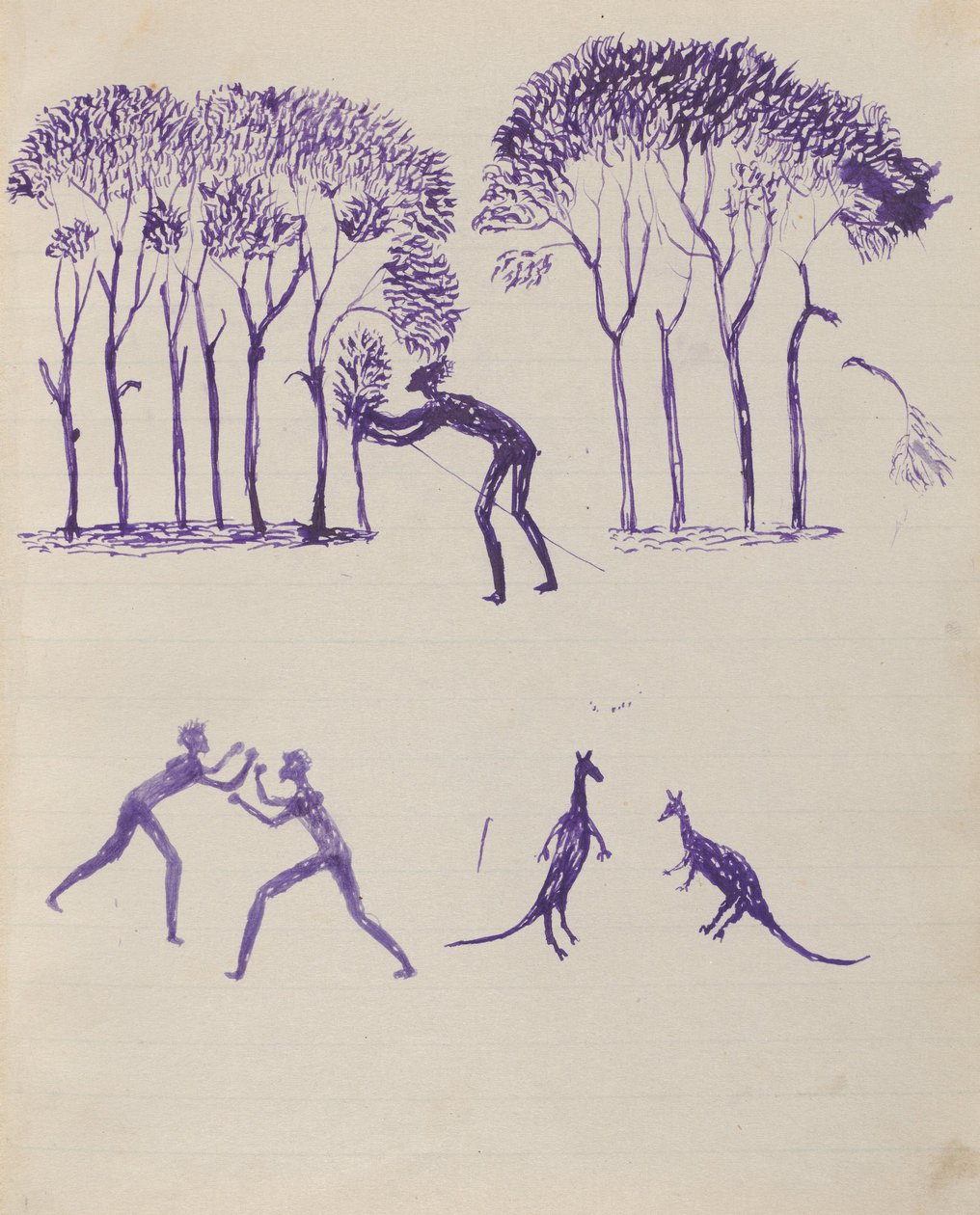 Kwatkwat mensen - (Aboriginals verstoppen zich in bomen; vechten; vechtende kangoeroes) Schetsboek voornamelijk van activiteiten van Aboriginals door Tommy McRae