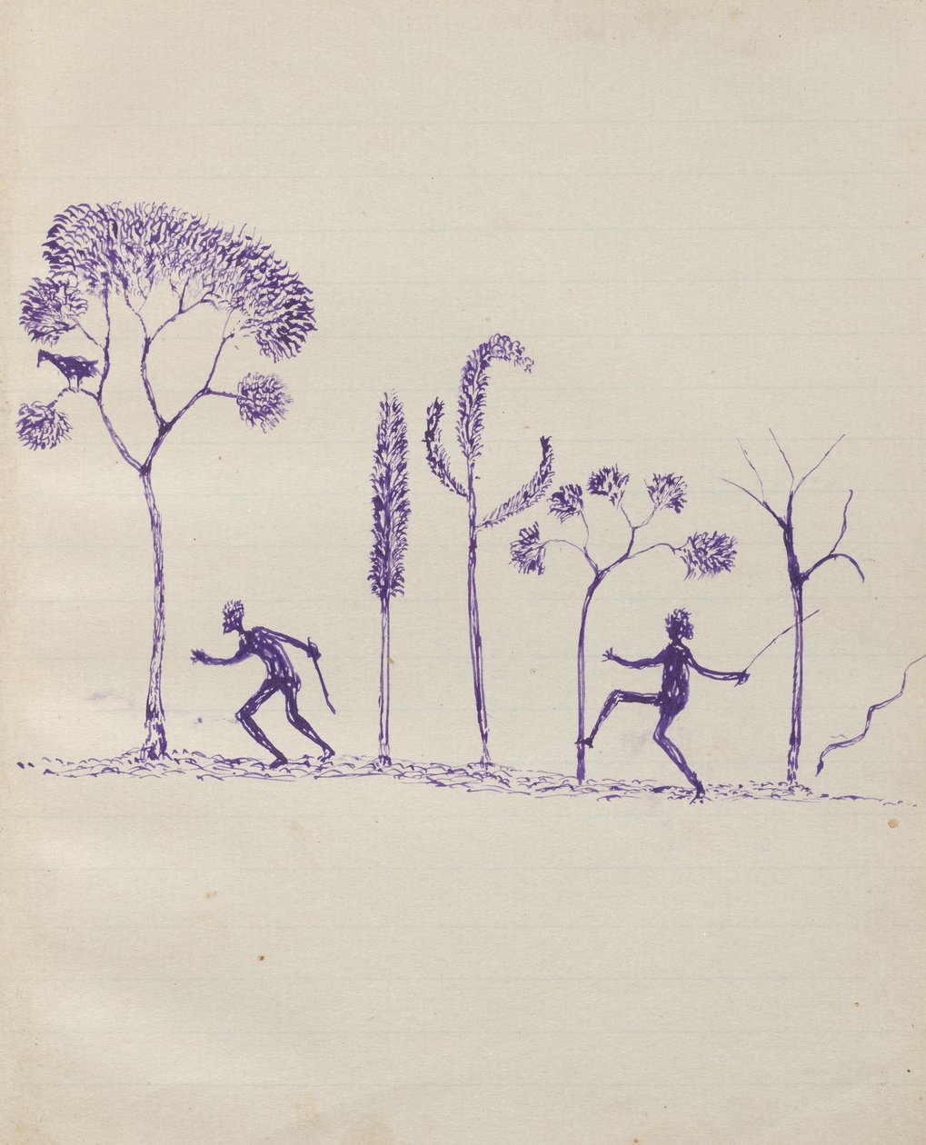 Kwatkwat mensen - (Aboriginals tussen bomen) Schetsboek voornamelijk van activiteiten van Aboriginals en Witten door Tommy McRae