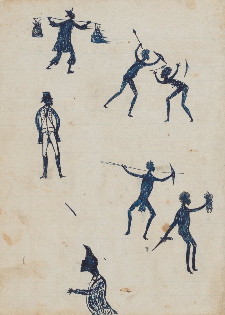 Kwatkwat-mensen - Chinese man; mannen vechten en jagen; squatter; profiel (schetsboek van activiteiten van Aboriginals en blanken) door Tommy McRae