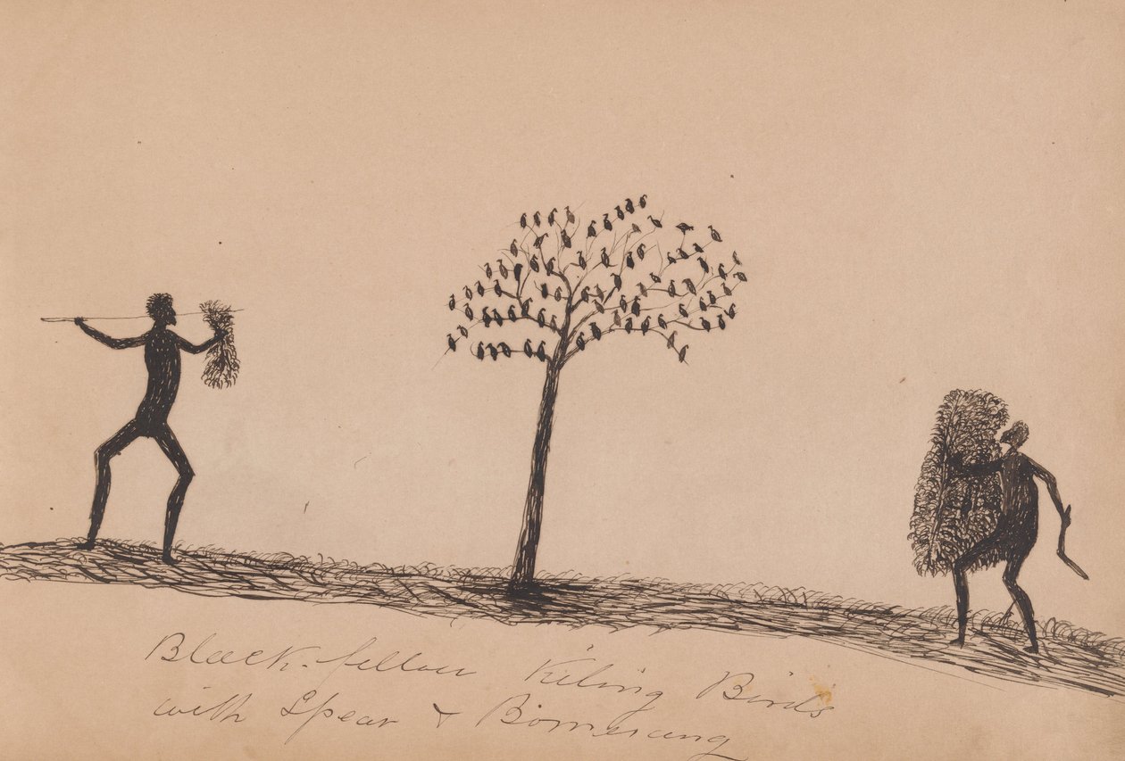 Kwatkwat-mensen - Zwarte man doodt vogels met speer en boemerang (schetsboek van Aboriginal activiteiten) door Tommy McRae