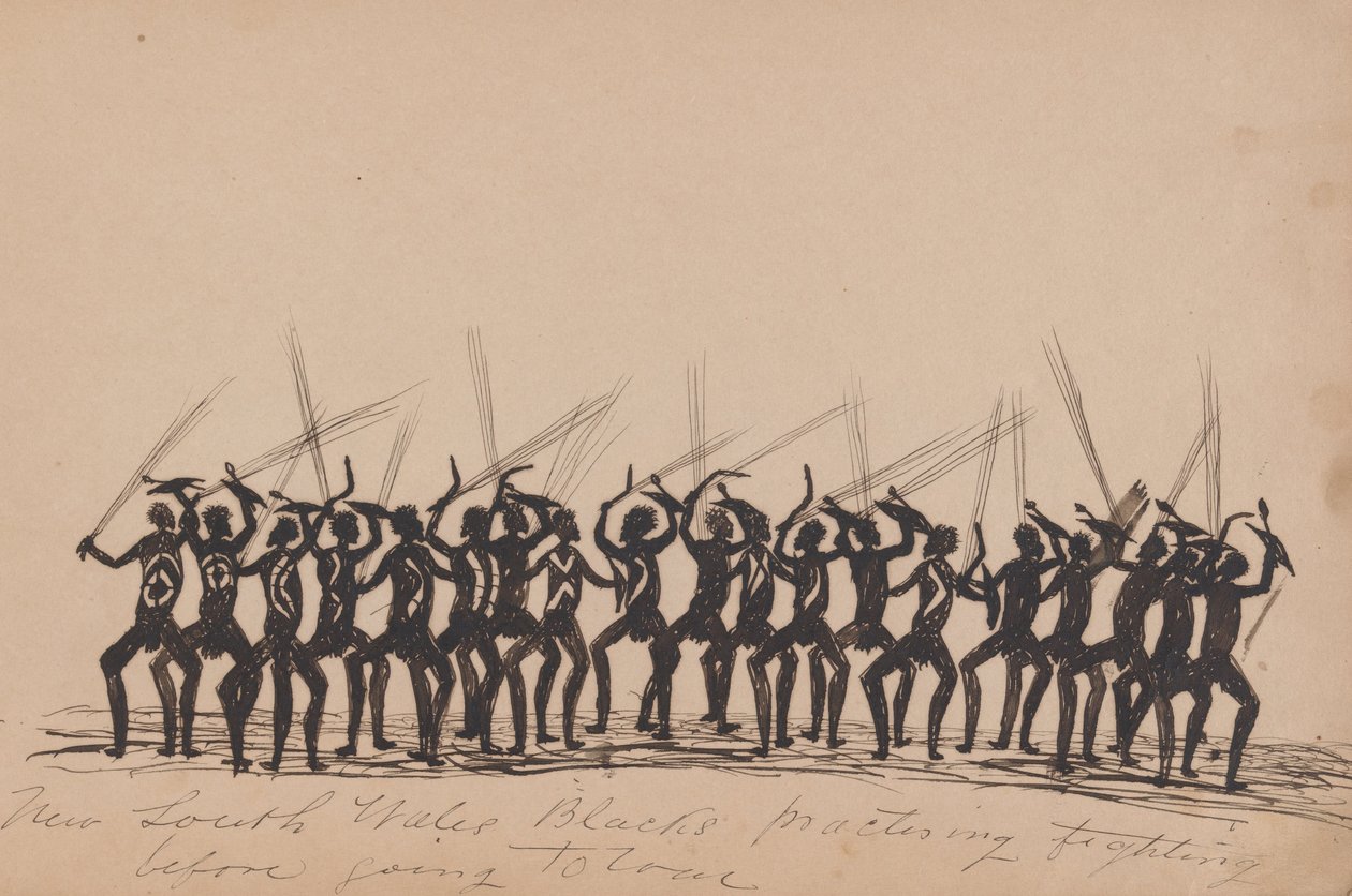 Kwatkwat-mensen - Zwarte mensen uit New South Wales oefenen vechten voordat ze ten strijde trekken (schetsboek van Aboriginal activiteiten) door Tommy McRae