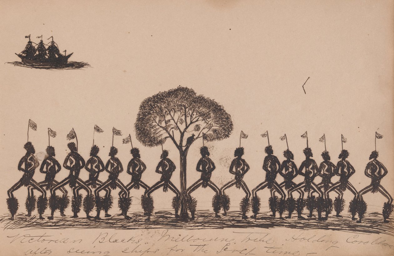 Kwatkwat-mensen - Victoriaanse zwarten - Melbourne-stam houdt corroboree na het voor het eerst zien van schepen door Tommy McRae