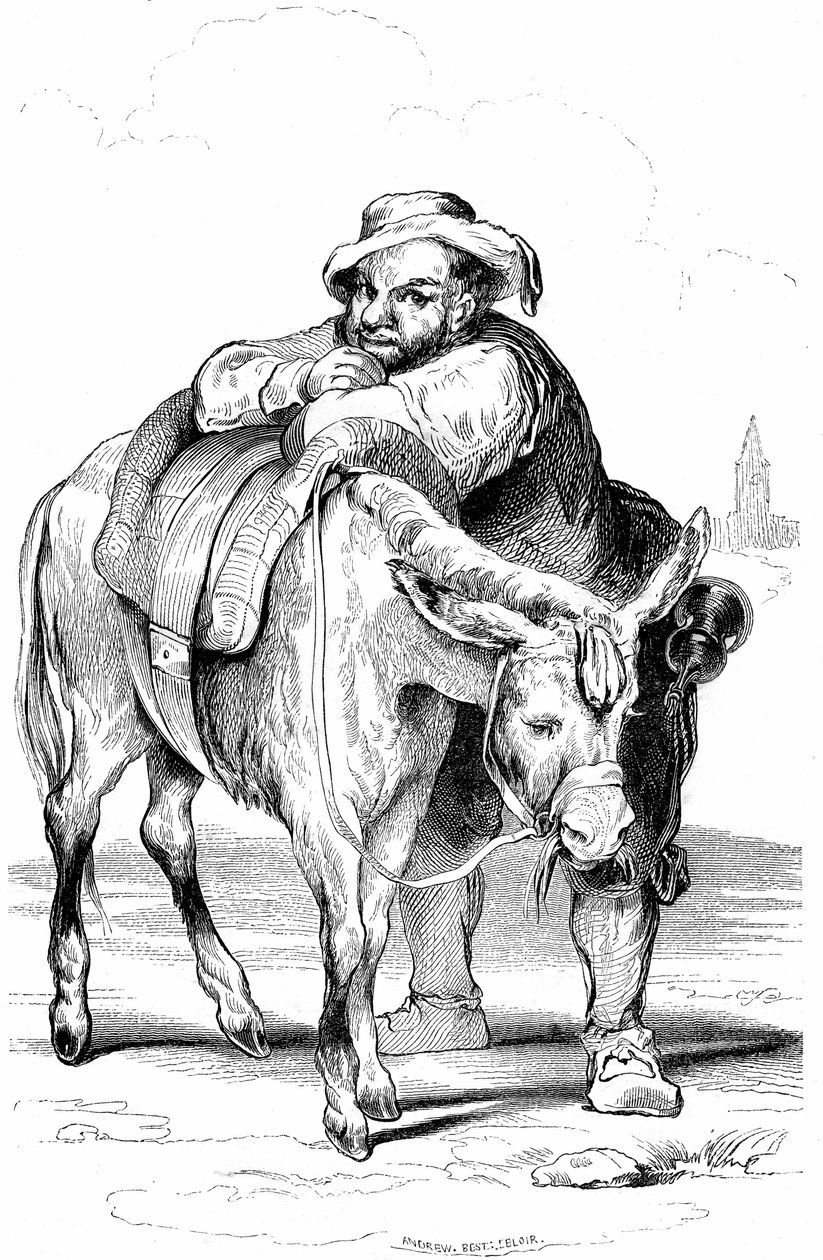 Sancho Panza, schildknaap van Don Quichot en zijn ezel. Illustratie van Cervantes