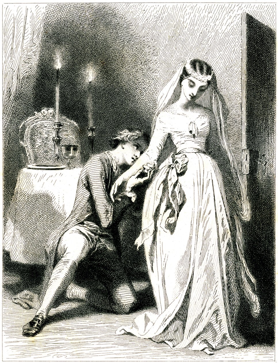 Zuchtende minnaar knielt aan de voeten van zijn mooie verloving in een interieur bij kaarslicht - meisje in romantische jurk en kapsel - gravure (ets 1845) door Tony Johannot (Antoine Johannot dit door Tony Johannot