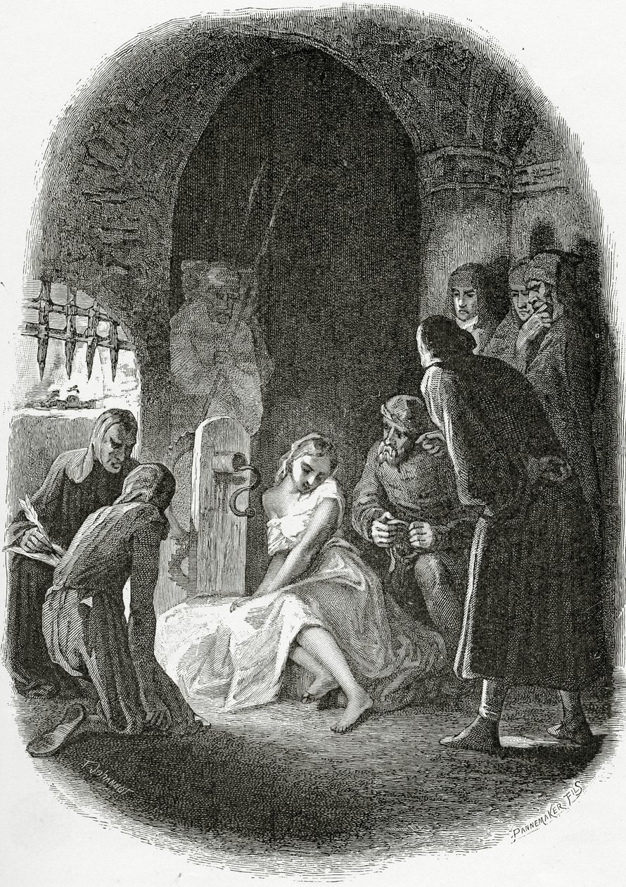 De ondervraging van Esmeralda - illustratie uit Notre Dame de Paris, 19e eeuw door Tony Johannot