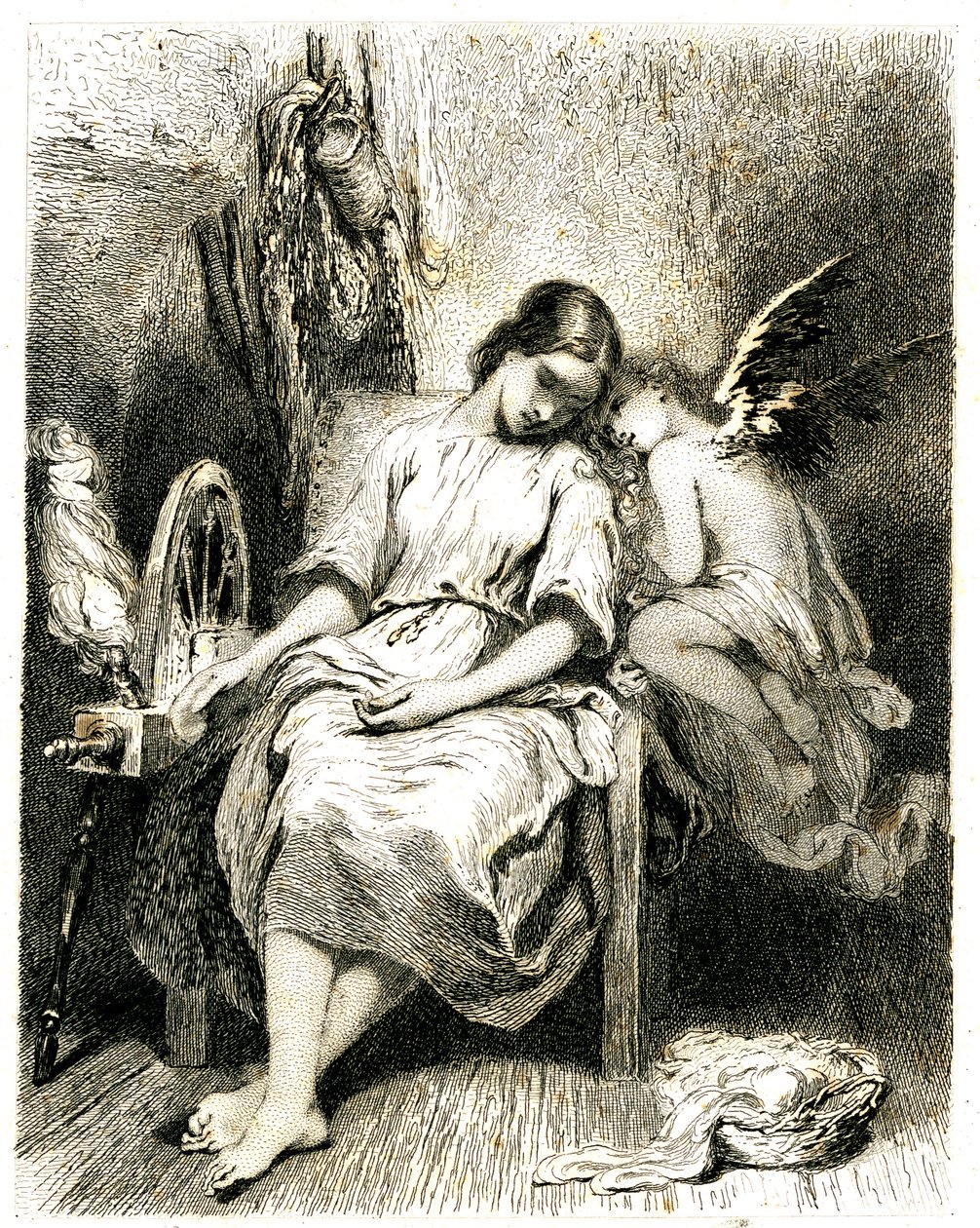 Jonge vrouw (spinner) slapend bij haar wiel - een engel leunt over haar schouder - slaap - droom - mijmering - liefde - gravure (ets 1845) door Tony Johannot (Antoine Johannot genoemd) door Tony Johannot