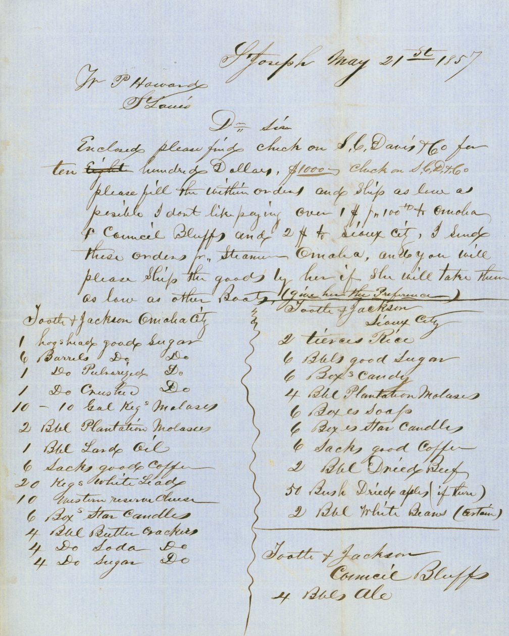 Brief ondertekend door Tootle & Jackson, Council Bluffs, aan W.P. Howard, St. Louis, 21 mei 1857 door Tootle and Jackson