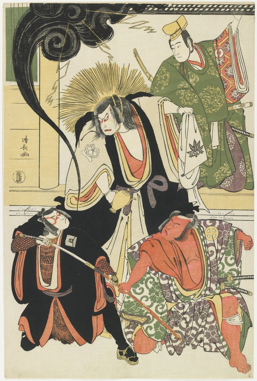 Scène uit het AKbuki Toneelstuk Yukimotsutake furisode Genji, 1785 door Torii Kiyonaga
