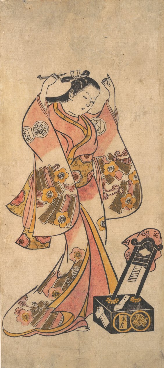 Sanjo Kantaro als een vrouw die haar haar voor een lakspiegel arrangeert, voor 1763 door Torii Kiyomasu II.