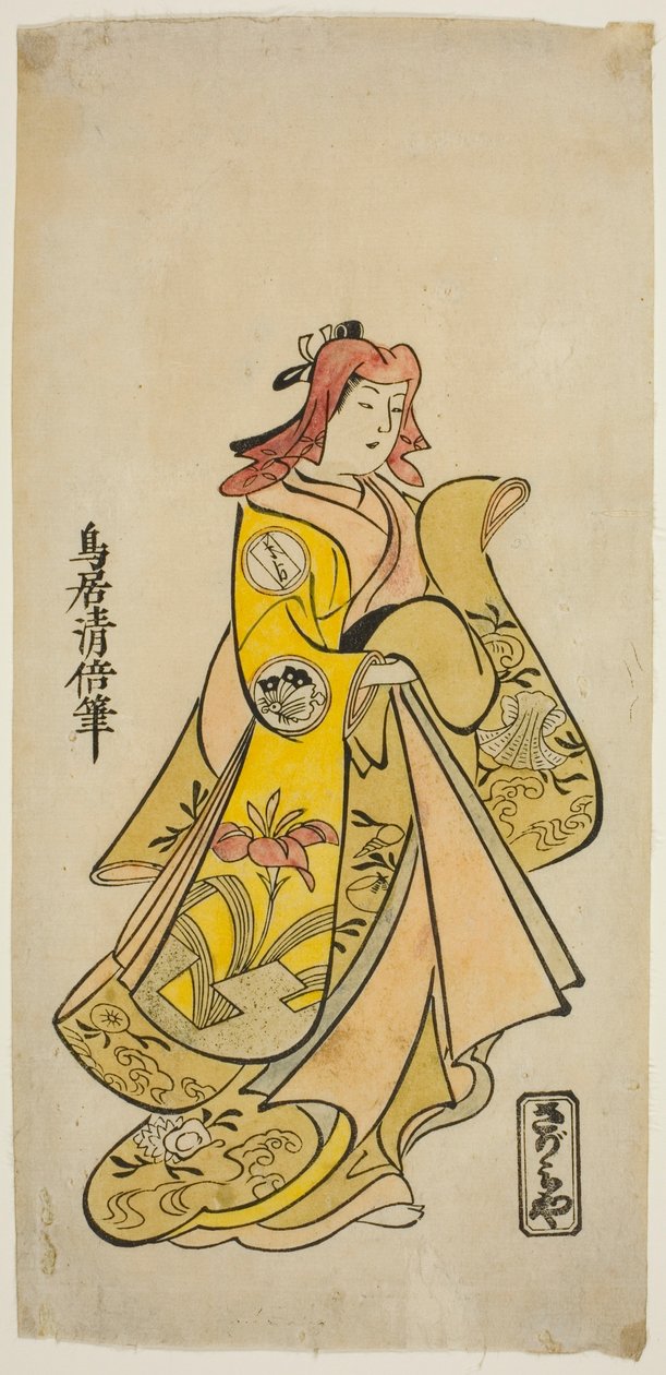De Acteur Sanjo Kantaro II als Oshichi in het stuk "Nanakusa Fukki Soga," uitgevoerd in het Ichimura Theater in de eerste maand, 1718 door Torii Kiyomasu II