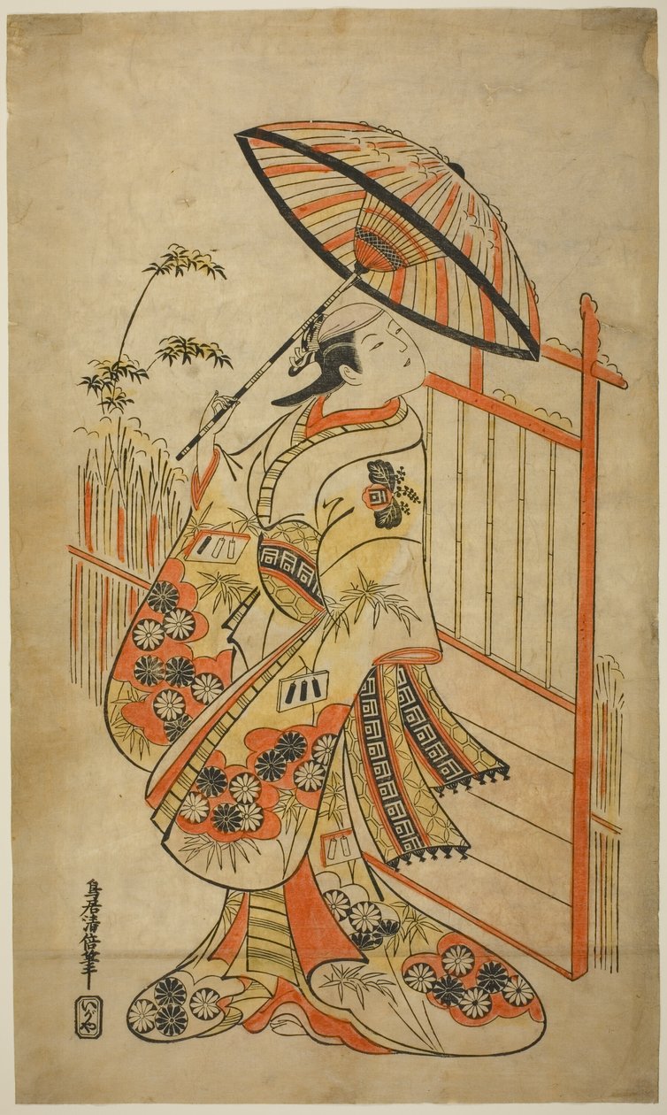 De Acteur Sanogawa Mangiku I als Sanada, de dochter van de spinner Itoya, in het stuk "Hiragana Yomeiri Izu Nikki," uitgevoerd in het Nakamura Theater in de elfde maand, 1718 door Torii Kiyomasu II