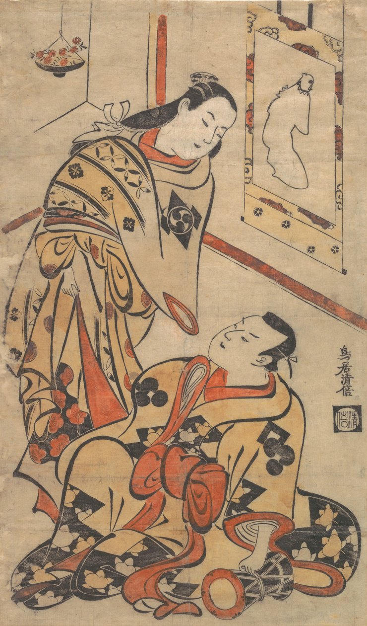 Kabuki-acteurs Nakamura Gentaro en Ikushima Shingoro, ca. 1710 door Torii Kiyomasu I