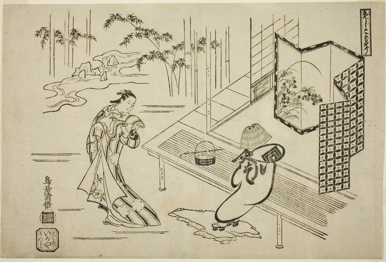 De acteurs Nakamura Takesaburo I als Kewaizaka no Shosho en Ichikawa Danjuro II als Soga no Goro verkleed als een komuso in het stuk "Bando Ichi Kotobuki Soga," uitgevoerd in het Nakamura Theater in de eerste maand, 1715 door Torii Kiyomasu I