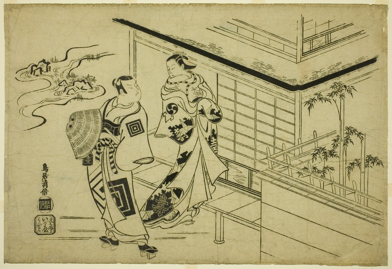 De acteurs Nakamura Takesaburo I als Kewaizaka no Shosho en Ichikawa Danjuro II als Soga no Goro in het stuk "Bando Ichi Kotobuki Soga," uitgevoerd in het Nakamura Theater in de eerste maand, 1715 door Torii Kiyomasu I