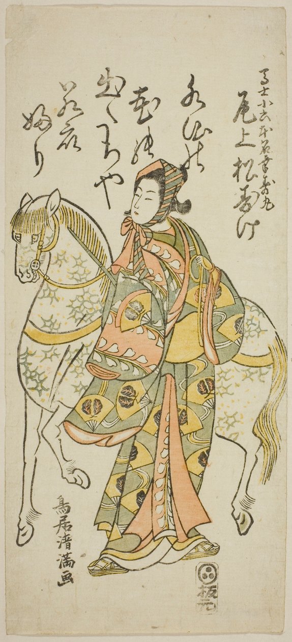 De acteur Onoe Matsusuke I als Koroku in het toneelstuk "Furitsumu Hana Nidai Genji," opgevoerd in het Ichimura Theater in de elfde maand, 1765 door Torii Kiyomitsu I
