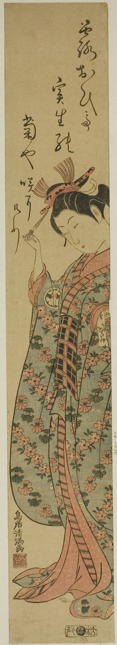 De acteur Segawa Kikunojo II als een vrouw met een haarspeld in de hand door Torii Kiyomitsu I